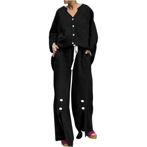 EB | Satz mit Strickjacke und Weiten Hosen Lockerer Schnitt V-Ausschnitt Weicher Baumwollmix