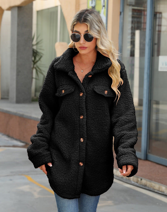 EB | Shacket Übergröße Sherpa Fleece Langschnitt Knopf Vorderseite Patch Taschen