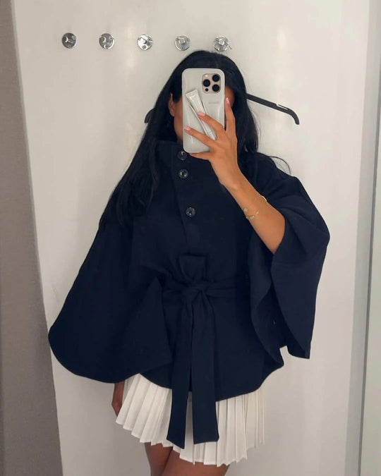 EB | Hochkragen Gürteltaschen Cape Jacke Knopf Umhängemantel