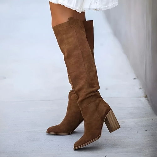 EB | Über Dem Knie Stiefel Wildlederfinish Spitz Zulaufende Zehen Blockabsatz Pull on Passform