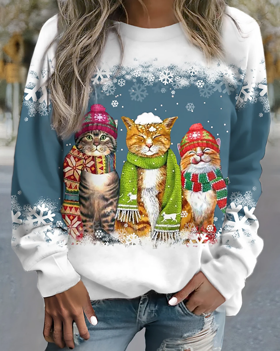 EB | Strick Sweatshirt Lockere Passform Grafikdruck Rippbündchen Lässiger Stil