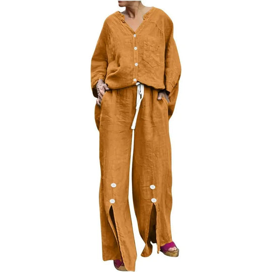 EB | Satz mit Strickjacke und Weiten Hosen Lockerer Schnitt V-Ausschnitt Weicher Baumwollmix