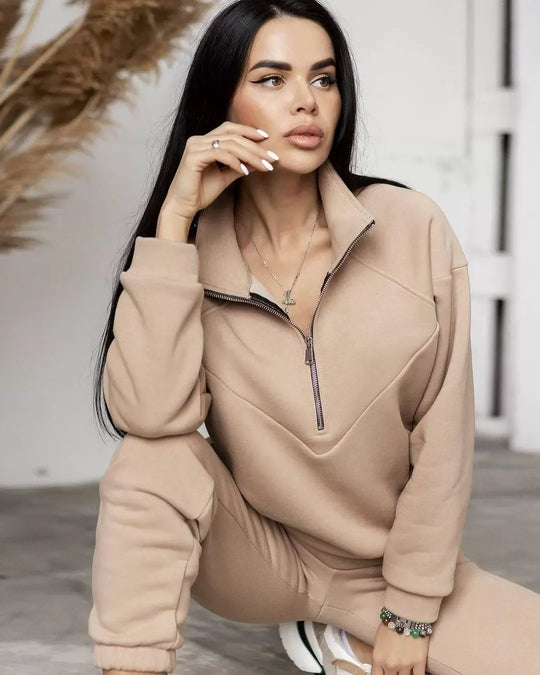 EB | Loungewear Satz Fleece Lockere Passform Kapuzenpullover mit Halbem Reißverschluss Jogginghosen