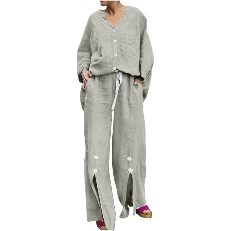 EB | Satz mit Strickjacke und Weiten Hosen Lockerer Schnitt V-Ausschnitt Weicher Baumwollmix