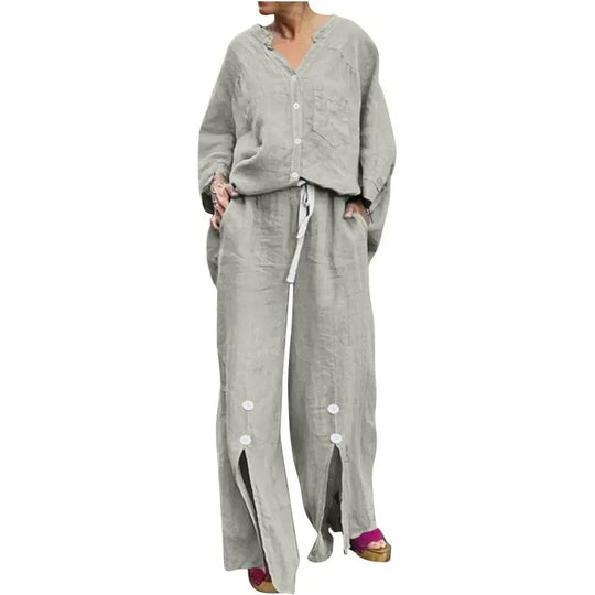 EB | Satz mit Strickjacke und Weiten Hosen Lockerer Schnitt V-Ausschnitt Weicher Baumwollmix
