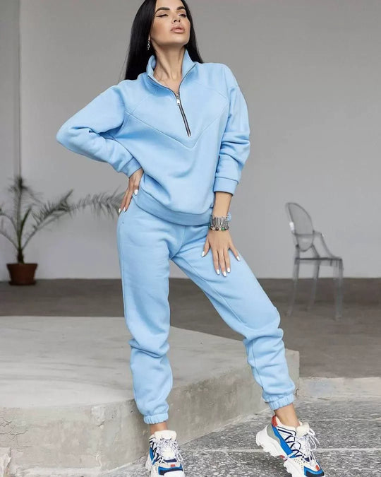 EB | Loungewear Satz Fleece Lockere Passform Kapuzenpullover mit Halbem Reißverschluss Jogginghosen