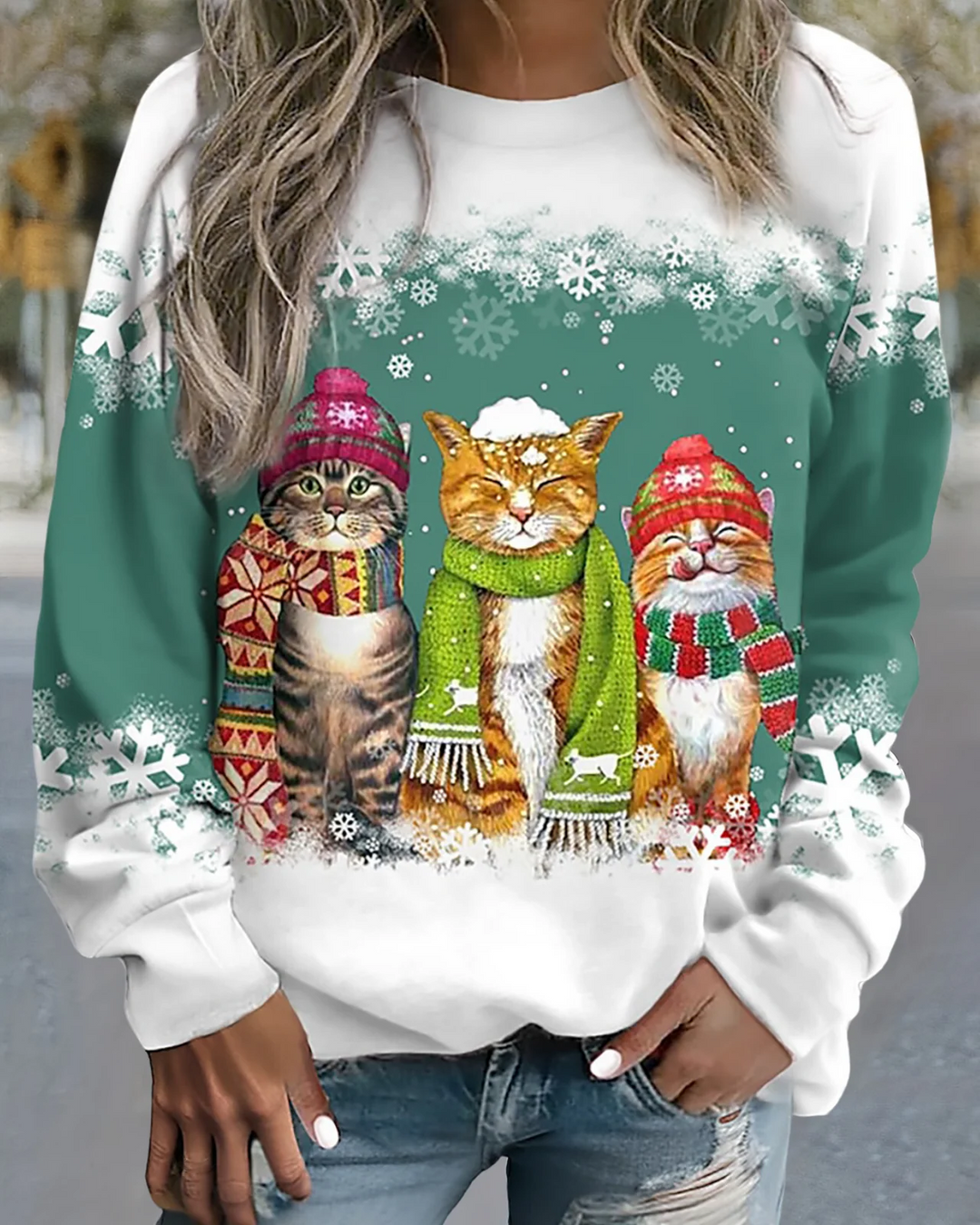 EB | Strick Sweatshirt Lockere Passform Grafikdruck Rippbündchen Lässiger Stil