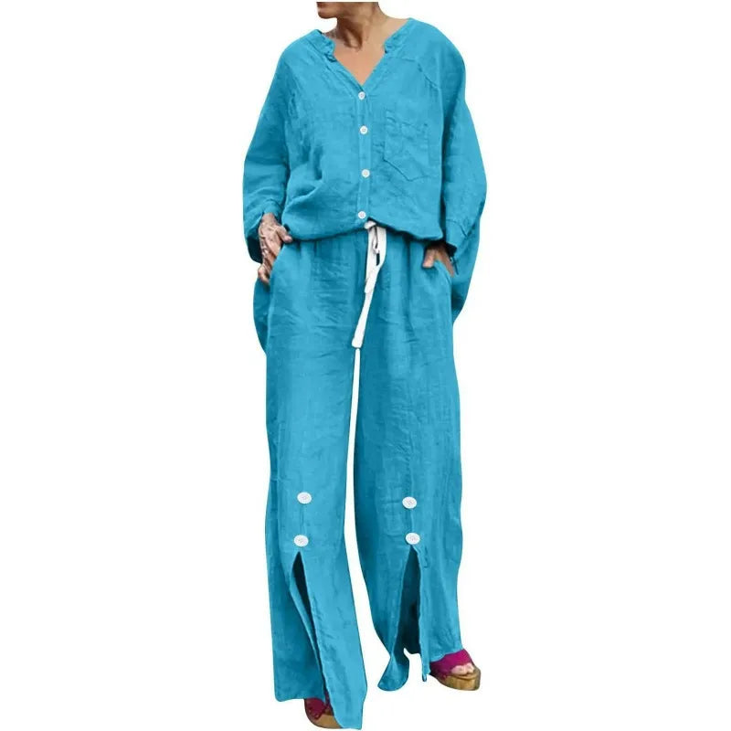 EB | Satz mit Strickjacke und Weiten Hosen Lockerer Schnitt V-Ausschnitt Weicher Baumwollmix