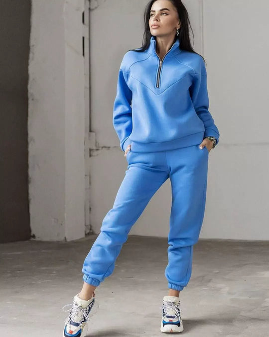 EB | Loungewear Satz Fleece Lockere Passform Kapuzenpullover mit Halbem Reißverschluss Jogginghosen