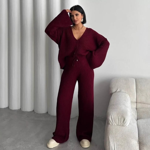 EB | Loungewear Set Gestrickte Rippstruktur Übergröße Passform Weite Ärmel