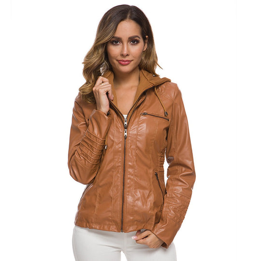 EB | Lederjacke Slim Passform Kapuze Reißverschluss Taschen Steppdetails