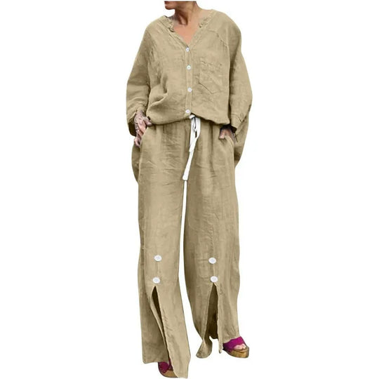EB | Satz mit Strickjacke und Weiten Hosen Lockerer Schnitt V-Ausschnitt Weicher Baumwollmix