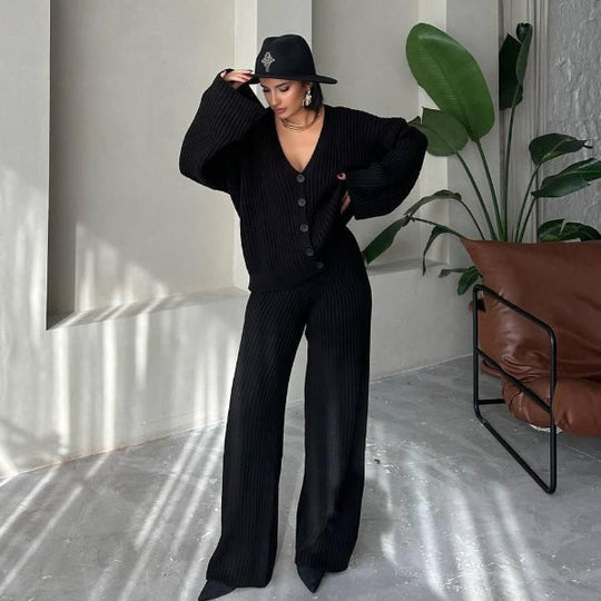EB | Loungewear Set Gestrickte Rippstruktur Übergröße Passform Weite Ärmel