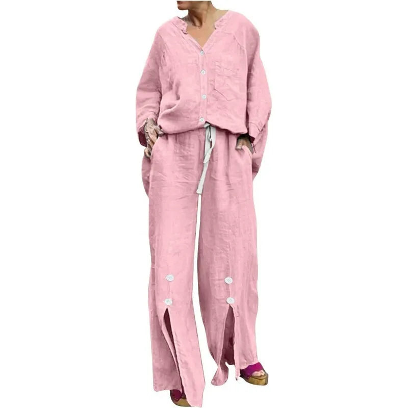 EB | Satz mit Strickjacke und Weiten Hosen Lockerer Schnitt V-Ausschnitt Weicher Baumwollmix