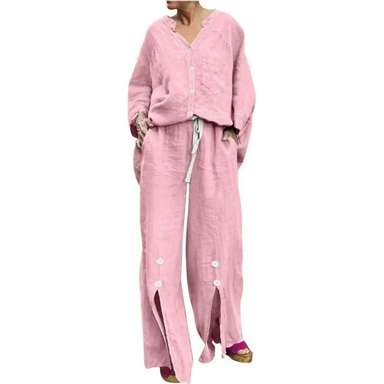 EB | Satz mit Strickjacke und Weiten Hosen Lockerer Schnitt V-Ausschnitt Weicher Baumwollmix