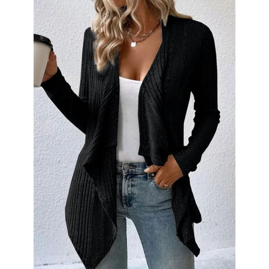 EB | Strickjacke Wollmischung Relaxed Passform Rippstrick Offene Drapierte Vorderseite