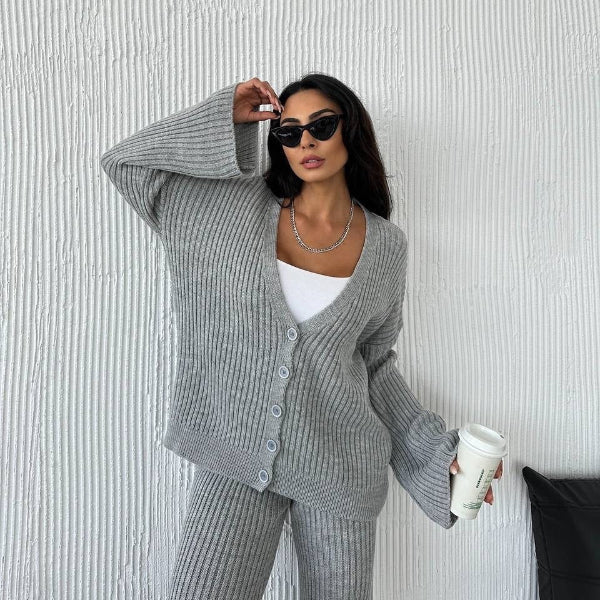 EB | Loungewear Set Gestrickte Rippstruktur Übergröße Passform Weite Ärmel