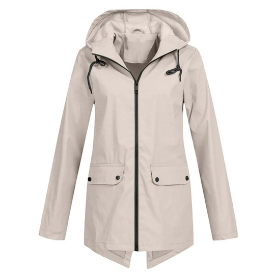 EB | Regenjacke Lockere Passform Kapuze Wasserabweisend mittellang Reißverschluss und Taschen