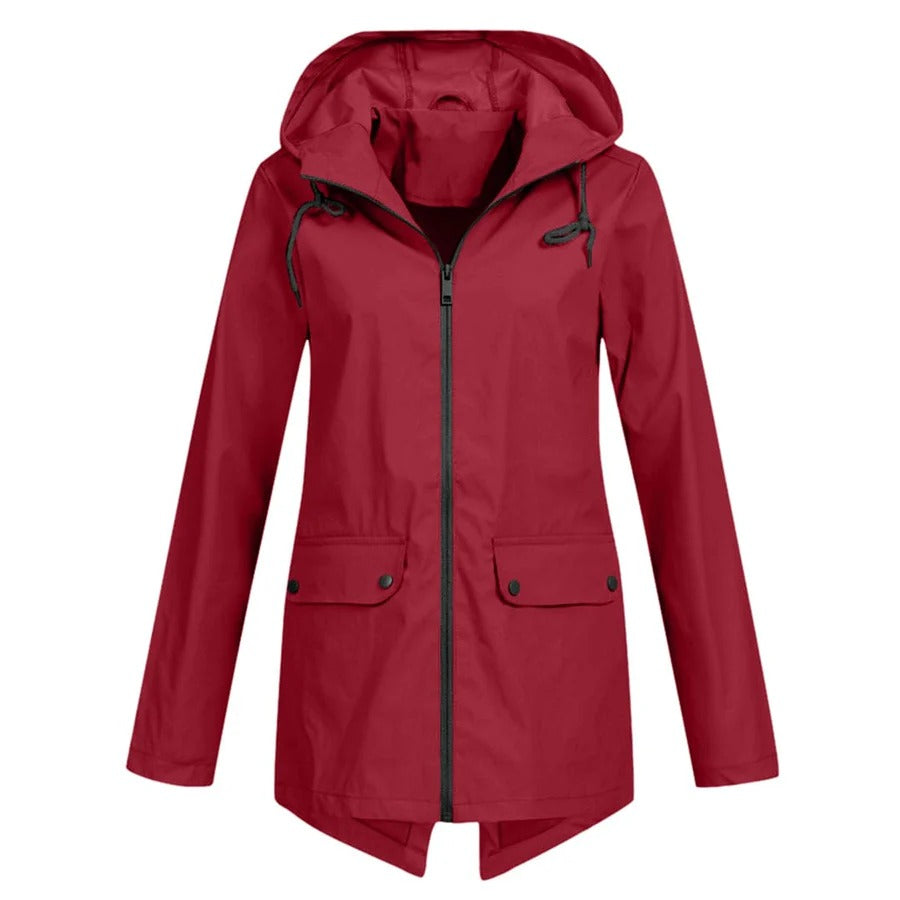 EB | Regenjacke Lockere Passform Kapuze Wasserabweisend mittellang Reißverschluss und Taschen