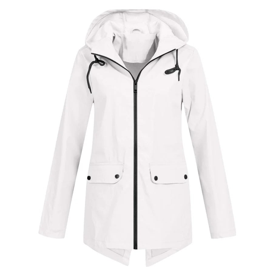 EB | Regenjacke Lockere Passform Kapuze Wasserabweisend mittellang Reißverschluss und Taschen