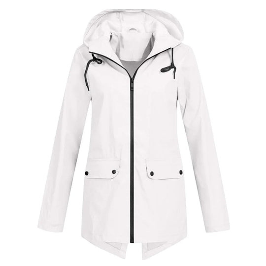 EB | Regenjacke Lockere Passform Kapuze Wasserabweisend mittellang Reißverschluss und Taschen