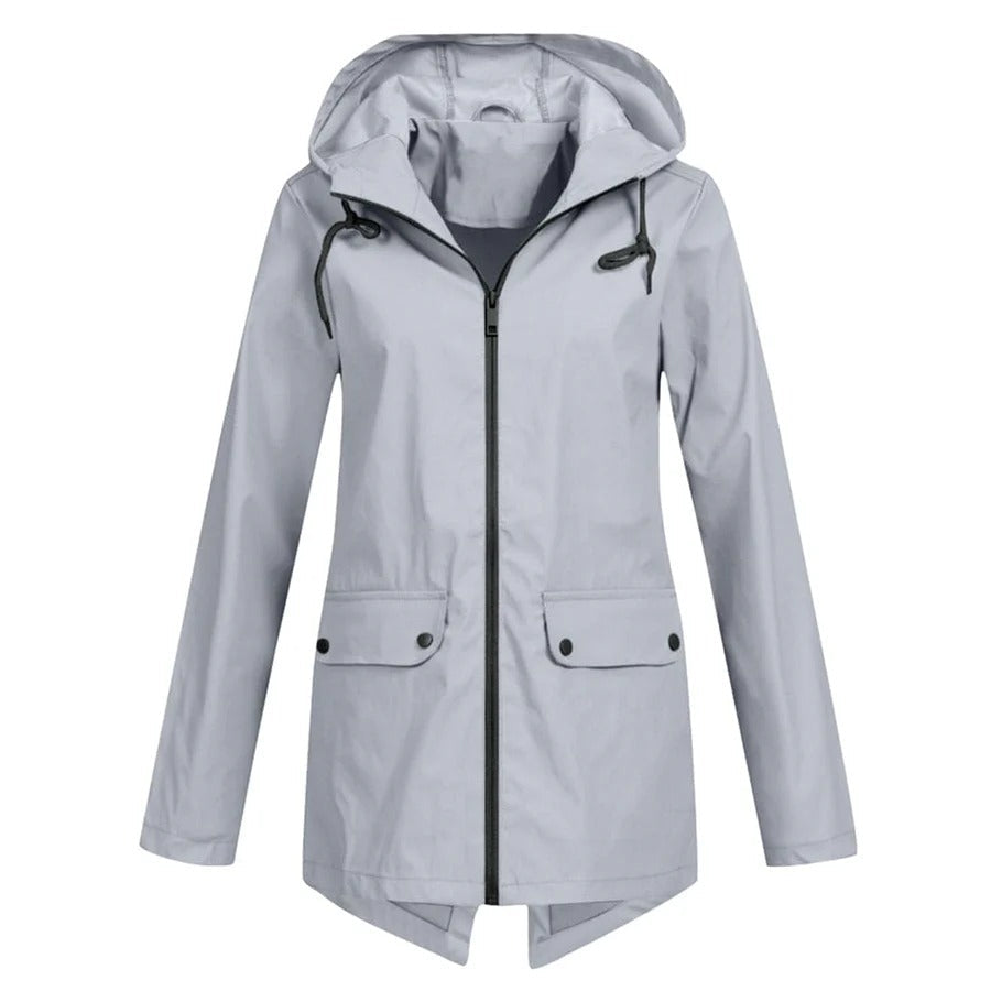EB | Regenjacke Lockere Passform Kapuze Wasserabweisend mittellang Reißverschluss und Taschen