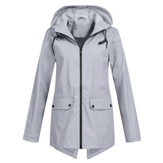 EB | Regenjacke Lockere Passform Kapuze Wasserabweisend mittellang Reißverschluss und Taschen