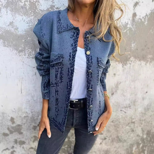 EB | Aus Denim Lockere Passform Patchwork Design Lange Ärmel Knopfverschluss