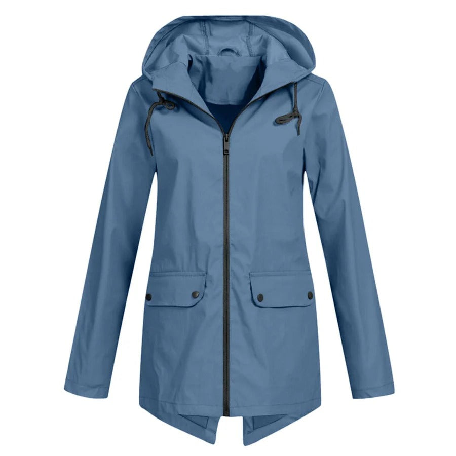 EB | Regenjacke Lockere Passform Kapuze Wasserabweisend mittellang Reißverschluss und Taschen