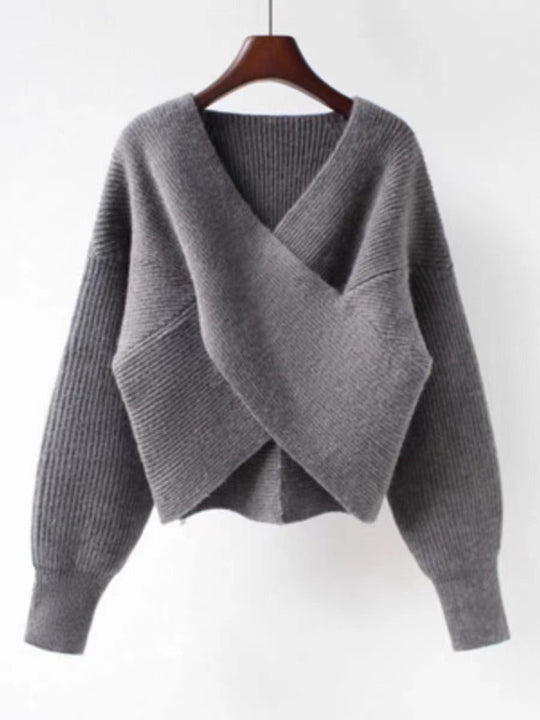EB | Übergröße Sweatshirt Strickrib Textur V-Ausschnitt Ballonärmel