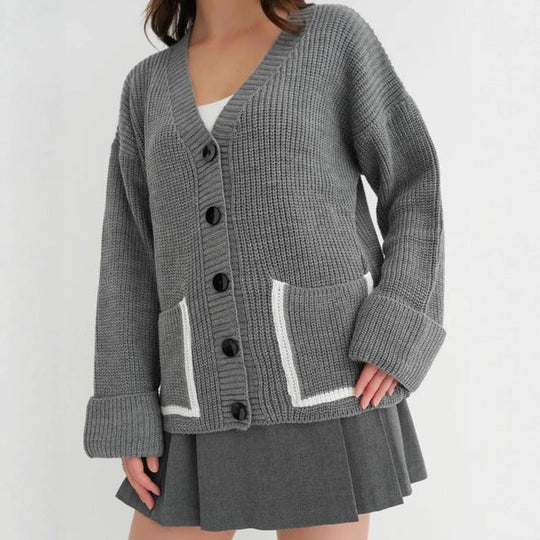 EB | Strickjacke Gestrickt Lockere Passform Tiefes V-Ausschnitt Paspelierte Taschen