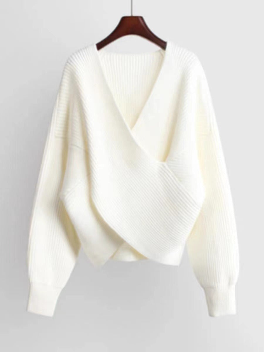 EB | Übergröße Sweatshirt Strickrib Textur V-Ausschnitt Ballonärmel