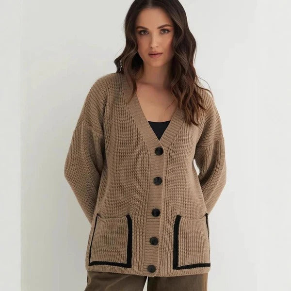 EB | Strickjacke Gestrickt Lockere Passform Tiefes V-Ausschnitt Paspelierte Taschen