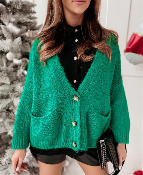 EB | Strickjacke Übergröße Passform Gestrickt V-Ausschnitt Knöpfe Lässiger Stil