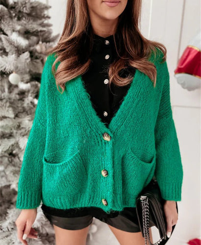 EB | Strickjacke Übergröße Passform Gestrickt V-Ausschnitt Knöpfe Lässiger Stil