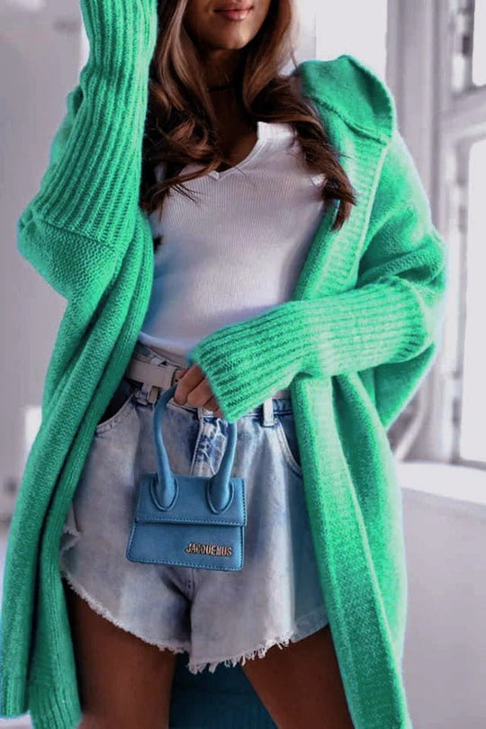 EB | Strickjacke Gestrickt Übergröße Schnitt Kapuze Offene Vorderseite Gerippte Details