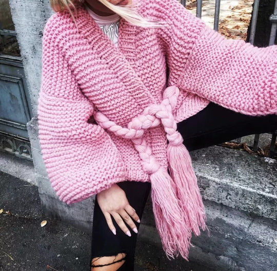 EB | Strickjacke Grobstrick Übergröße Passform Geflochtenem Taillengürtel Langarm