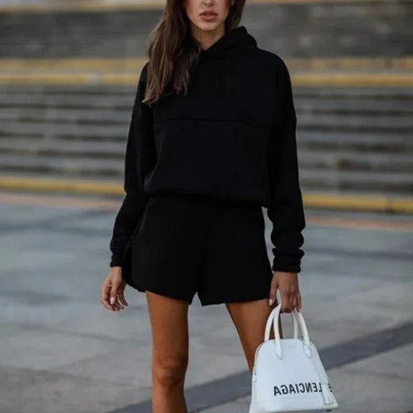 EB | Loungewear Set Übergröße Kapuzenpullover und Shorts Weicher Strick Bequemer Schnitt