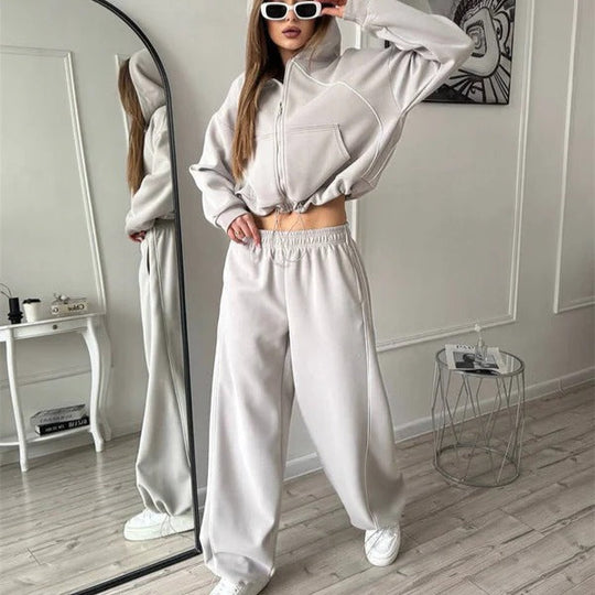 EB | Set mit Kapuzenpullover und Hose Übergröße Reißverschluss Weite Beine Baumwollgefühl