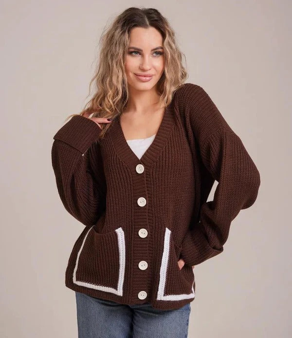 EB | Strickjacke Gestrickt Lockere Passform Tiefes V-Ausschnitt Paspelierte Taschen