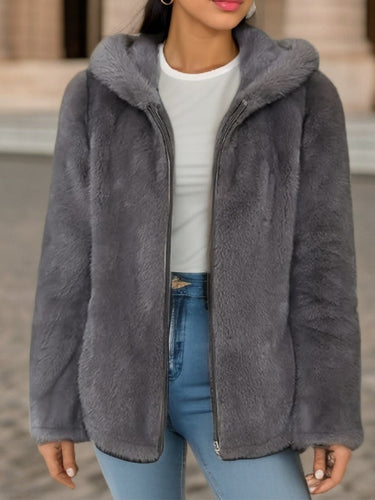 EB | Weicher Damen Teddyjacke mit Kapuze und Reißverschluss