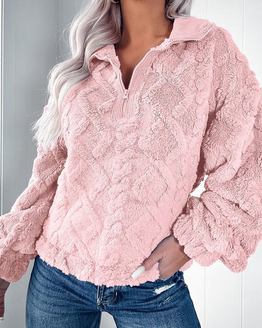 EB | Pullover Sweatshirt Kunstfell Lockere Passform Gepolstert Halber Reißverschluss Lange Ärmel
