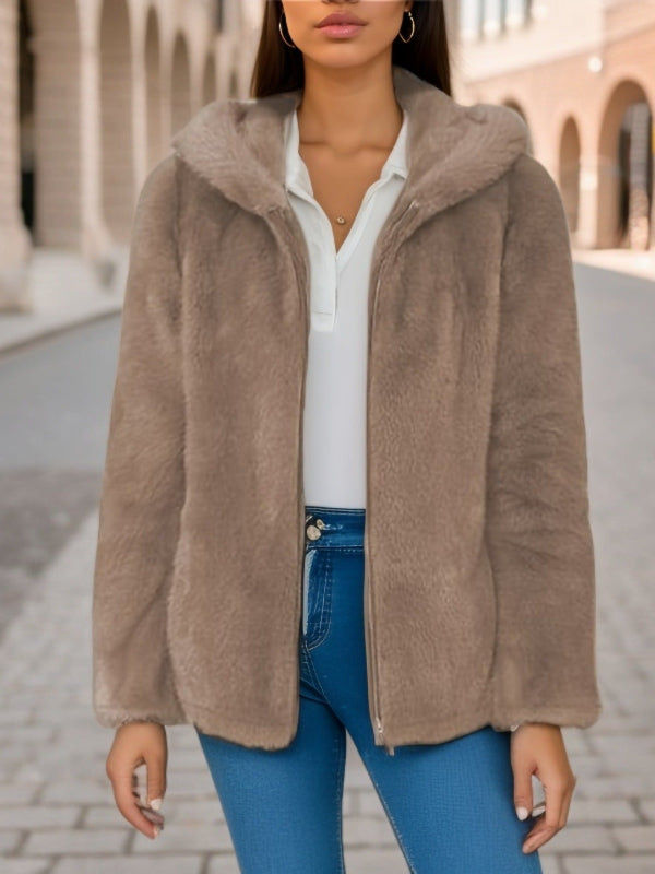 EB | Weicher Damen Teddyjacke mit Kapuze und Reißverschluss