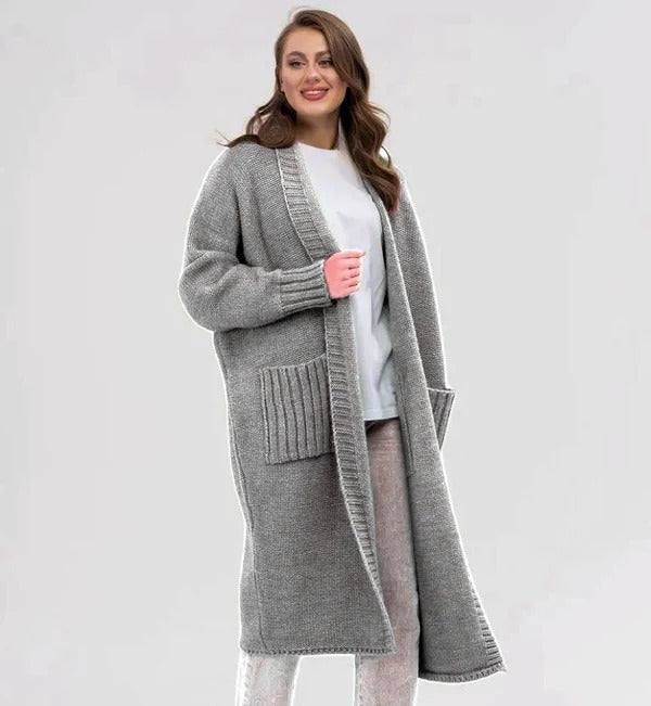EB | Strickjacke Gestrickte Woll Optik Übergröße Passform Lang mit Großen Taschen