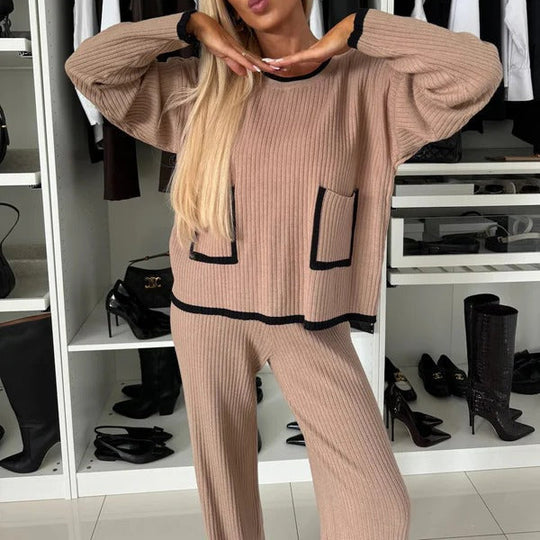 EB | Loungewear-Set Geripptes Strick Loose-Fit Kontrastdetails Vollständig Länge