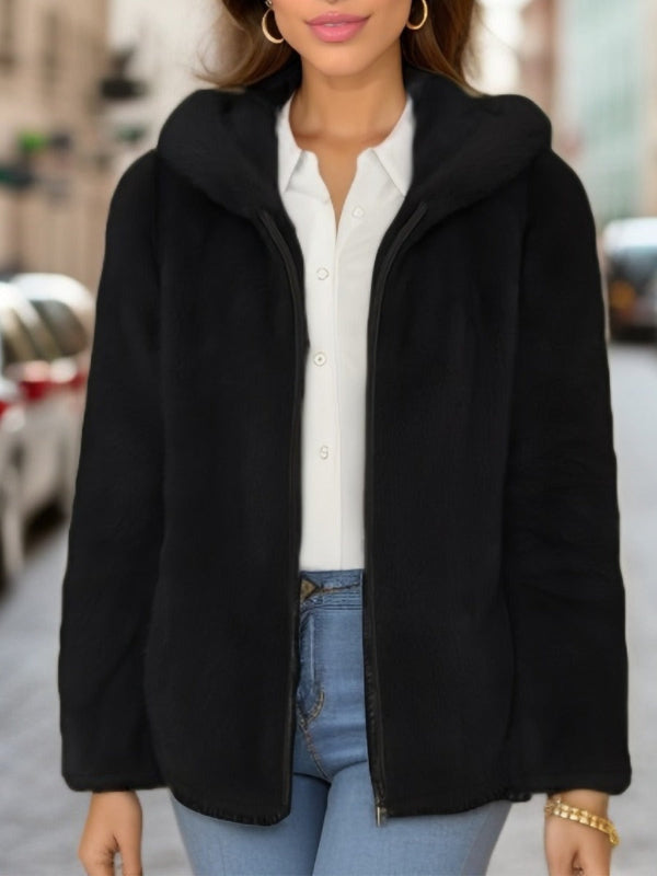 EB | Weicher Damen Teddyjacke mit Kapuze und Reißverschluss