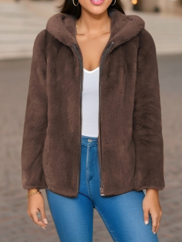 EB | Weicher Damen Teddyjacke mit Kapuze und Reißverschluss