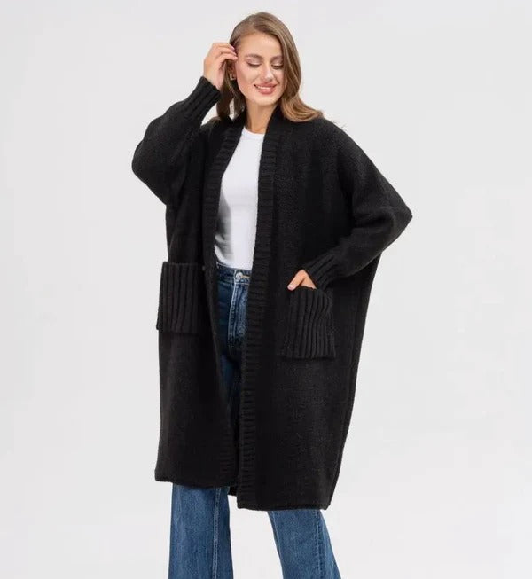 EB | Strickjacke Gestrickte Woll Optik Übergröße Passform Lang mit Großen Taschen