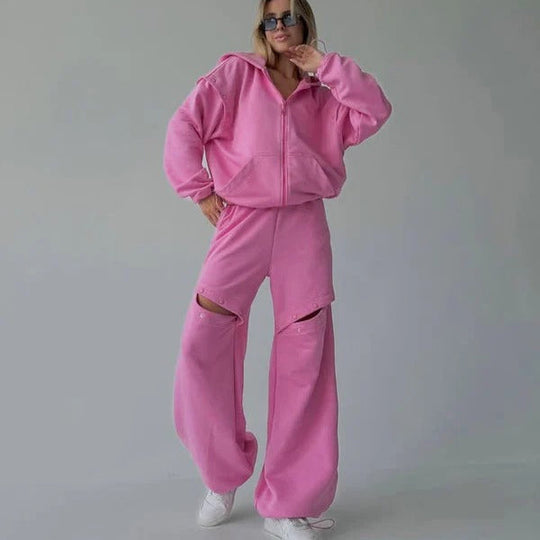EB | Loungewear Set Lässige Passform Zip-Up Kapuzenpullover Weit Geschnittene Hose