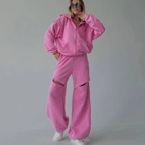 EB | Loungewear Set Lässige Passform Zip-Up Kapuzenpullover Weit Geschnittene Hose
